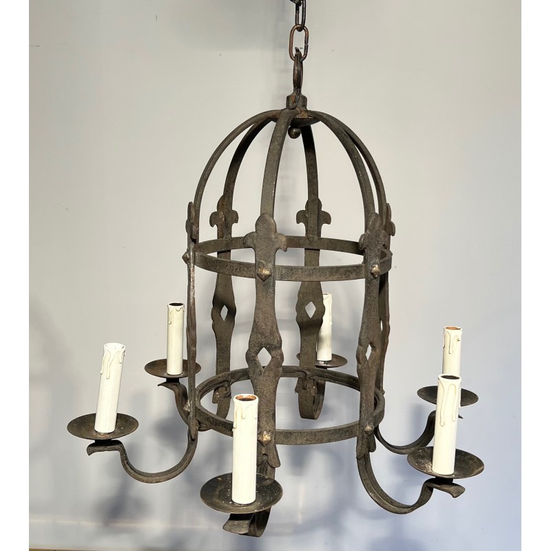 Lustre Cage à Six Bras de Lumière en Fer Forgé de Style Gothique, Travail Français, Vers 1950