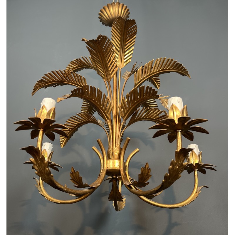 Five-Arm Gilt Iron Palm Tree Chandelier in the Style of Coco Chanel, French Work, Circa 1970