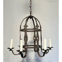 Six-Arm Gothic Style Wrought Iron Cage Chandelier, French Work, Circa 1950