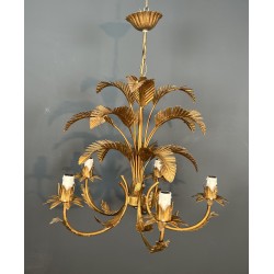Five-Arm Gilt Iron Palm Tree Chandelier in the Style of Coco Chanel, French Work, Circa 1970