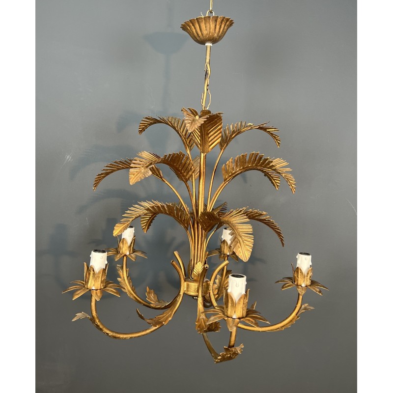 Five-Arm Gilt Iron Palm Tree Chandelier in the Style of Coco Chanel, French Work, Circa 1970
