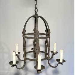 Lustre Cage à Six Bras de Lumière en Fer Forgé de Style Gothique, Travail Français, Vers 1950