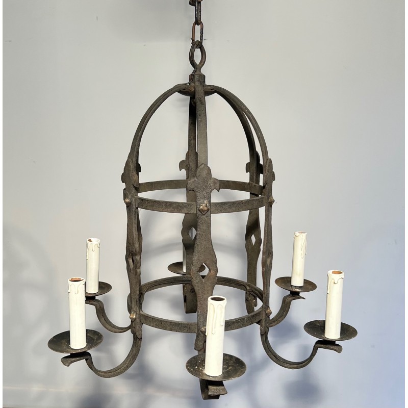 Six-Arm Gothic Style Wrought Iron Cage Chandelier, French Work, Circa 1950