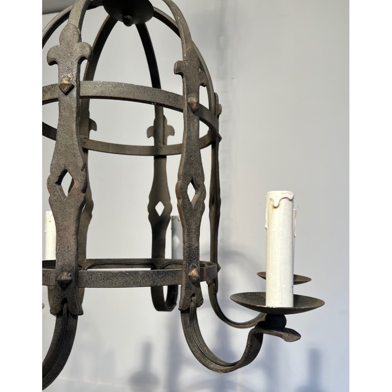 Six-Arm Gothic Style Wrought Iron Cage Chandelier, French Work, Circa 1950