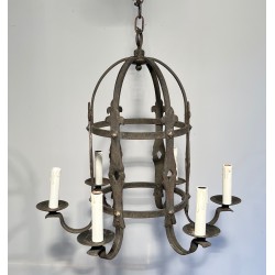 Lustre Cage à Six Bras de Lumière en Fer Forgé de Style Gothique, Travail Français, Vers 1950