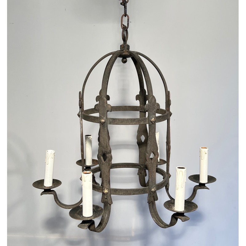 Six-Arm Gothic Style Wrought Iron Cage Chandelier, French Work, Circa 1950