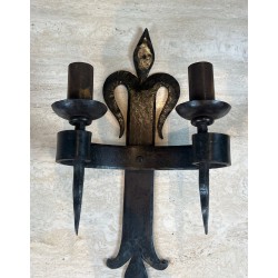 Large Pair of "Fleurs de Lys" Wrought Iron Wall Lights with 2 Arms in the Gothic Style
