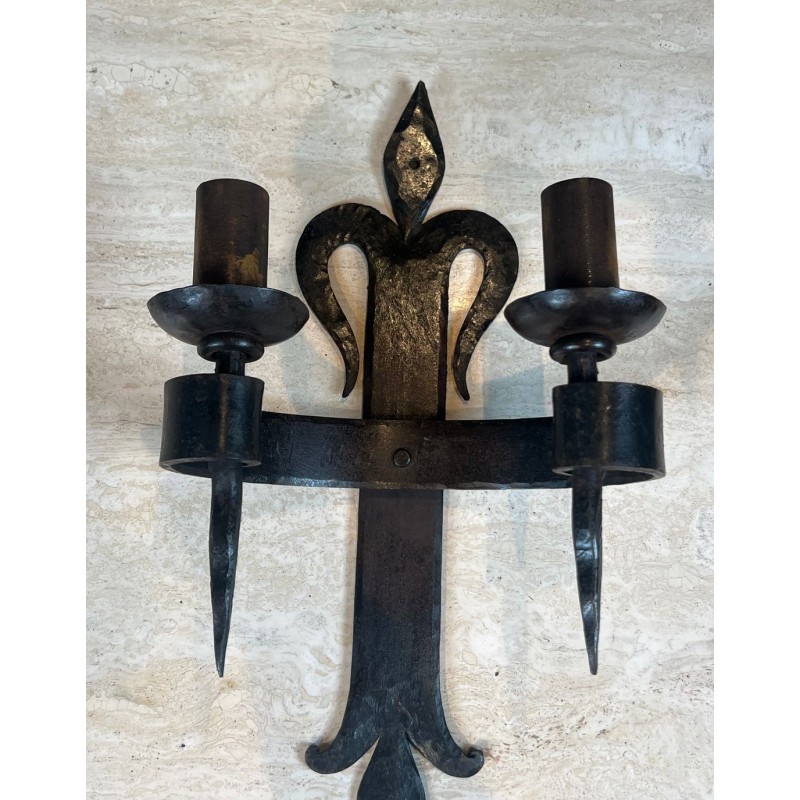 Large Pair of "Fleurs de Lys" Wrought Iron Wall Lights with 2 Arms in the Gothic Style
