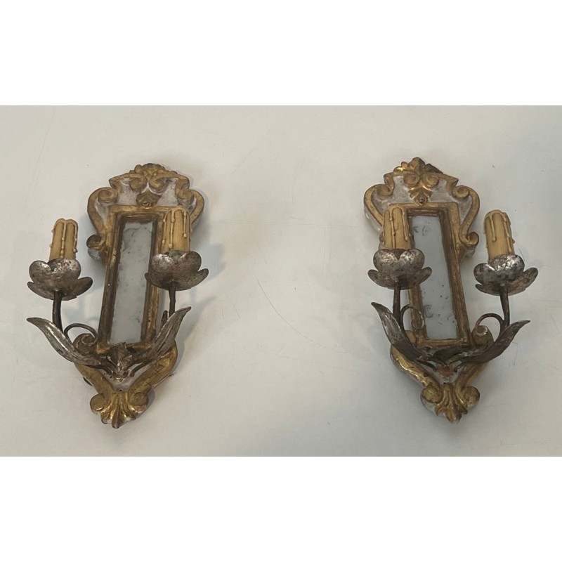 Pair of Art Déco Carved Wood Wall Lights with Mirror | Italian Work, circa 1935