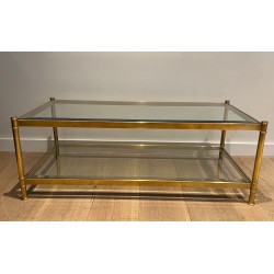 Table Basse à Double Plateau en Laiton et Verre par Roche Bobois, Travail Français, Vers 1970