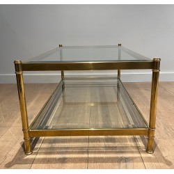 Table Basse à Double Plateau en Laiton et Verre par Roche Bobois, Travail Français, Vers 1970