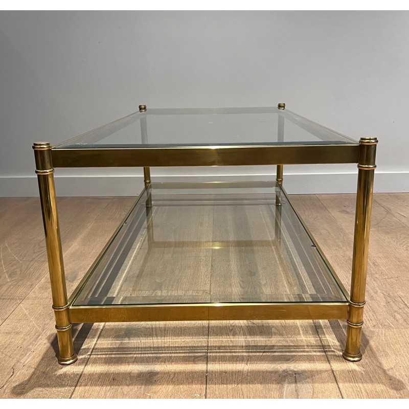 Table Basse à Double Plateau en Laiton et Verre par Roche Bobois, Travail Français, Vers 1970