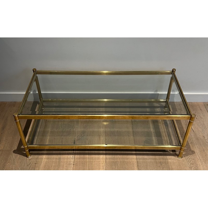 Table Basse à Double Plateau en Laiton et Verre par Roche Bobois, Travail Français, Vers 1970