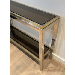 Console en Chrome et Laiton, Attribuée à Jean-Charles, Travail Français, Vers 1970