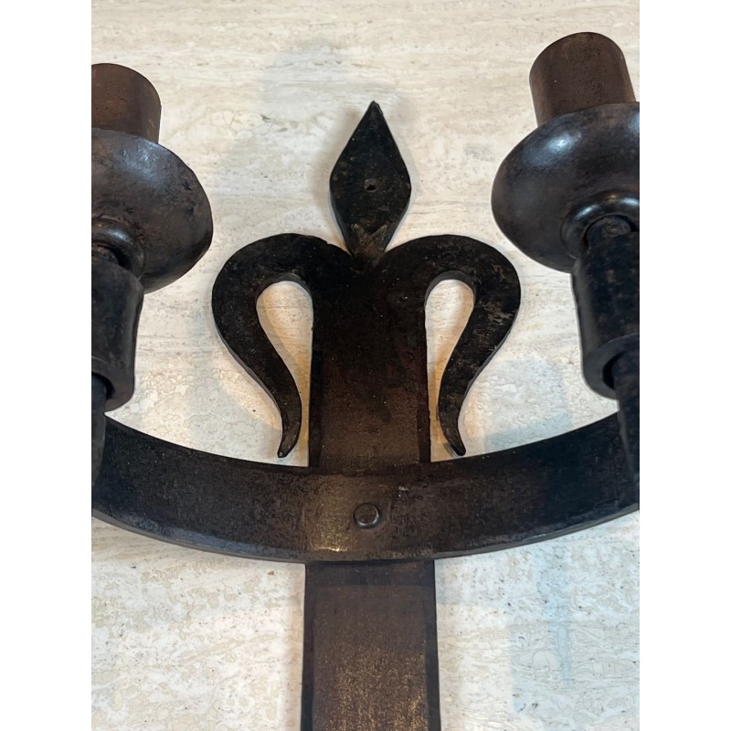 Large Pair of "Fleurs de Lys" Wrought Iron Wall Lights with 2 Arms in the Gothic Style