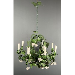 Important Lustre Feuillage à Huit Bras de Lumière en Tôle Peinte et Fleurs de Porcelaine, Travail Français, Vers 1970