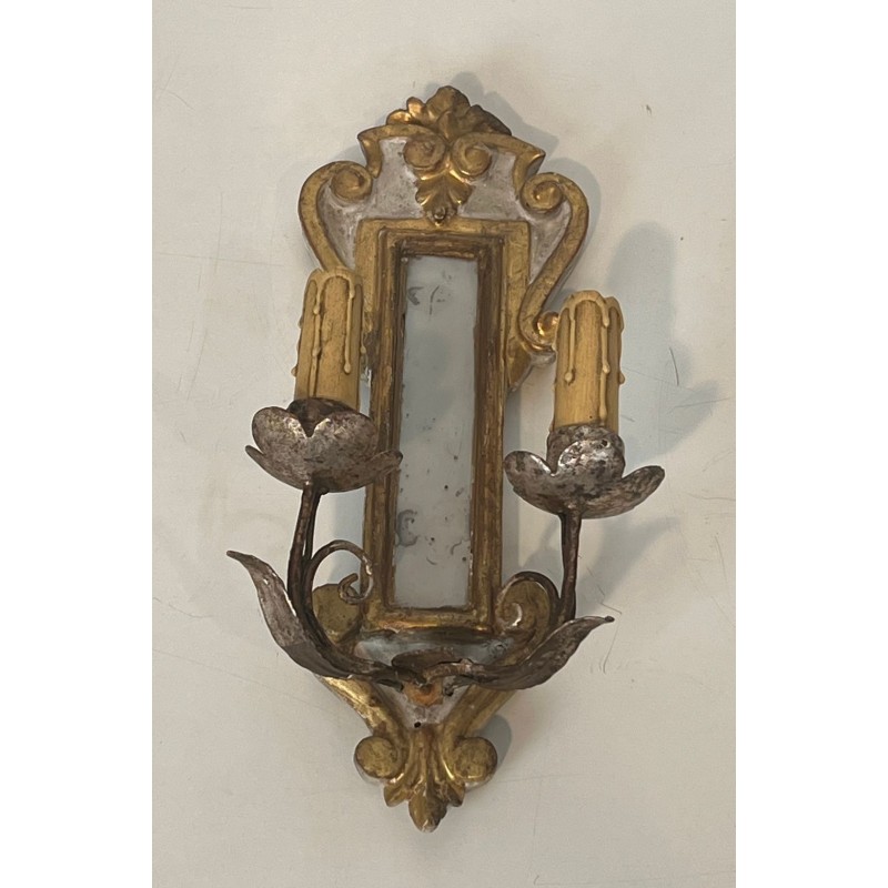 Pair of Art Déco Carved Wood Wall Lights with Mirror | Italian Work, circa 1935