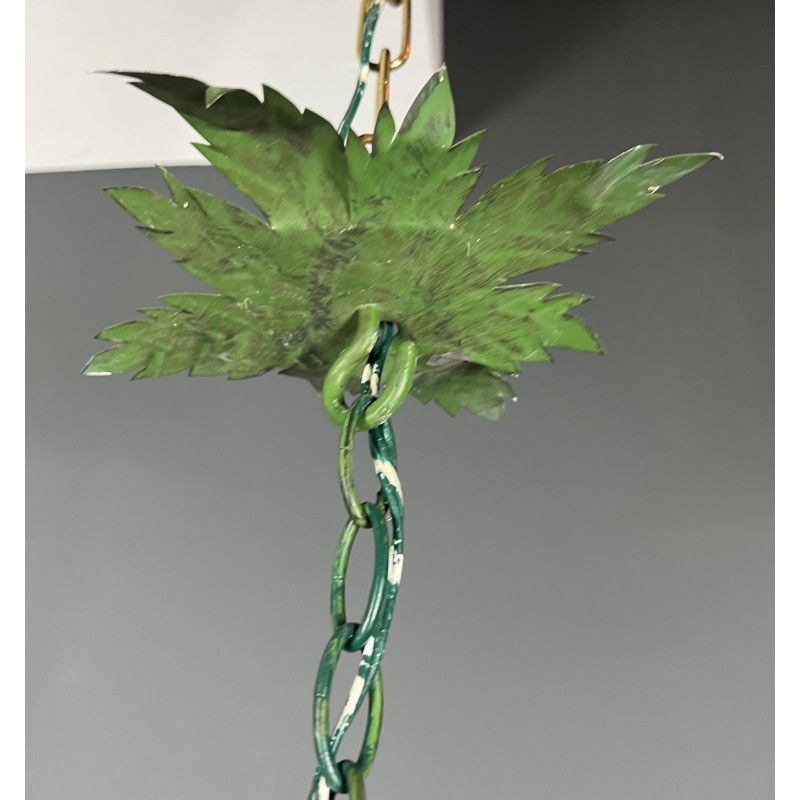 Important Eight-Arm Foliage Chandelier in Painted Sheet Metal and Porcelain Flowers, French Work, Circa 1970