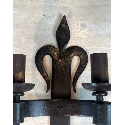 Large Pair of "Fleurs de Lys" Wrought Iron Wall Lights with 2 Arms in the Gothic Style