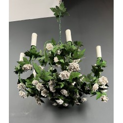 Important Eight-Arm Foliage Chandelier in Painted Sheet Metal and Porcelain Flowers, French Work, Circa 1970