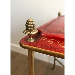 Boût de Canapé en Bronze et Plateau Laqué Rouge à Décors Dorés de la Maison Baguès
