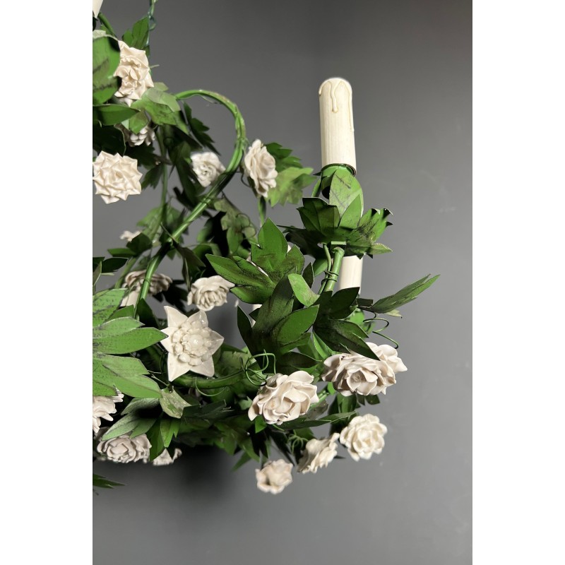 Important Eight-Arm Foliage Chandelier in Painted Sheet Metal and Porcelain Flowers, French Work, Circa 1970