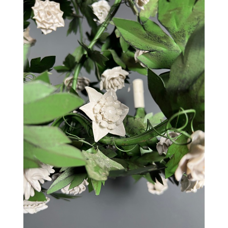 Important Eight-Arm Foliage Chandelier in Painted Sheet Metal and Porcelain Flowers, French Work, Circa 1970