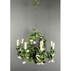 Important Lustre Feuillage à Huit Bras de Lumière en Tôle Peinte et Fleurs de Porcelaine, Travail Français, Vers 1970
