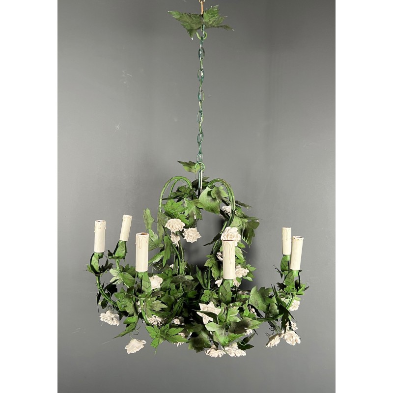 Important Eight-Arm Foliage Chandelier in Painted Sheet Metal and Porcelain Flowers, French Work, Circa 1970