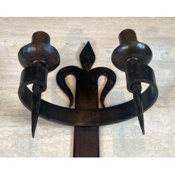 Large Pair of "Fleurs de Lys" Wrought Iron Wall Lights with 2 Arms in the Gothic Style