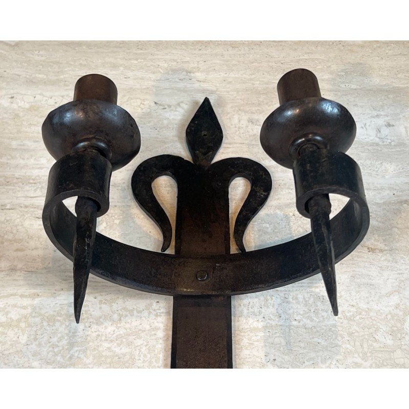 Large Pair of "Fleurs de Lys" Wrought Iron Wall Lights with 2 Arms in the Gothic Style