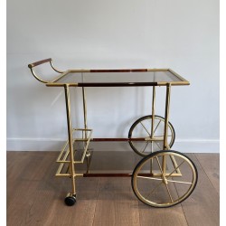 Table Roulante Design en Laiton et Celluloïde Rouge-Orangé, Travail Français, Vers 1970