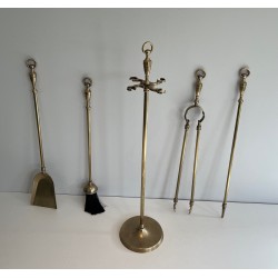 Neoclassical Brass Fireplace Tools Set, French Work, Circa 1970