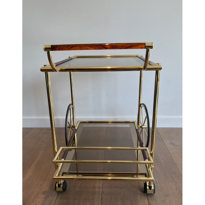 Design Brass and Orange-Red Celluloid Drinks Trolley, French Work, Circa 1970
