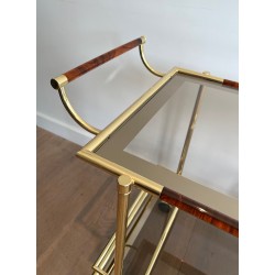 Table Roulante Design en Laiton et Celluloïde Rouge-Orangé, Travail Français, Vers 1970