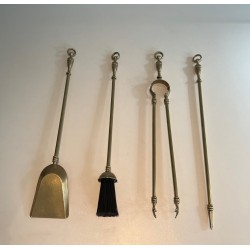 Neoclassical Brass Fireplace Tools Set, French Work, Circa 1970
