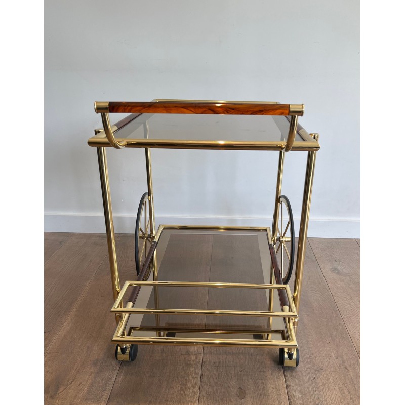Design Brass and Orange-Red Celluloid Drinks Trolley, French Work, Circa 1970