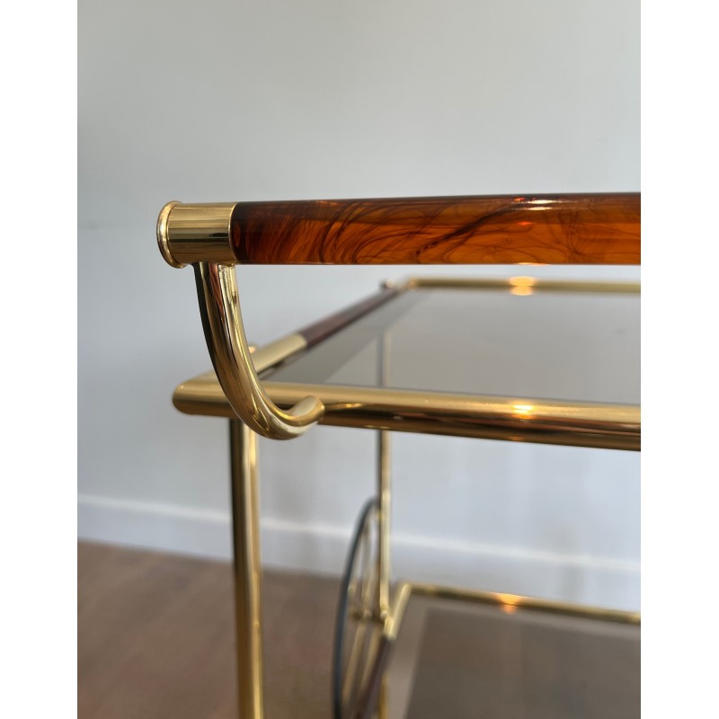 Design Brass and Orange-Red Celluloid Drinks Trolley, French Work, Circa 1970