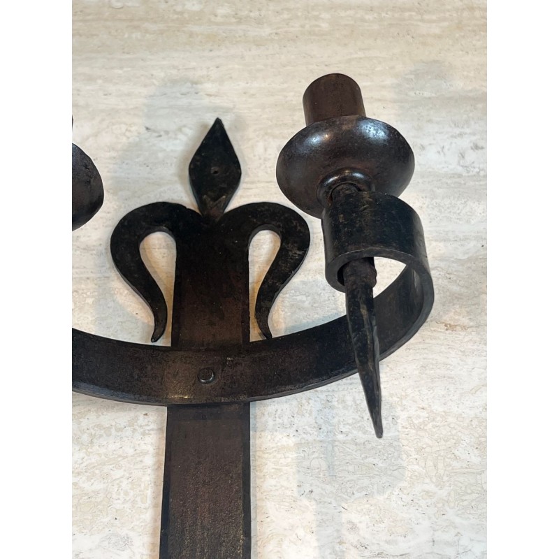 Large Pair of "Fleurs de Lys" Wrought Iron Wall Lights with 2 Arms in the Gothic Style