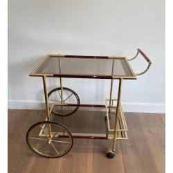 Design Brass and Orange-Red Celluloid Drinks Trolley, French Work, Circa 1970