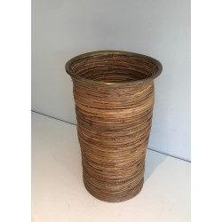 Rattan and Brass Umbrella Stand, French Work, Circa 1970