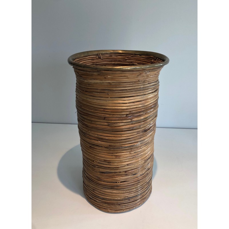 Rattan and Brass Umbrella Stand, French Work, Circa 1970