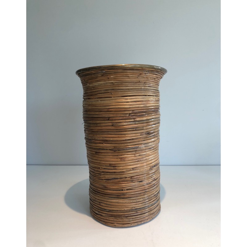 Rattan and Brass Umbrella Stand, French Work, Circa 1970