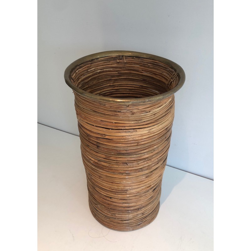 Rattan and Brass Umbrella Stand, French Work, Circa 1970