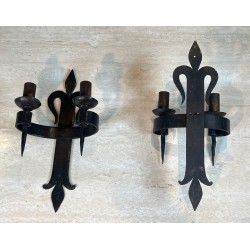 Large Pair of "Fleurs de Lys" Wrought Iron Wall Lights with 2 Arms in the Gothic Style