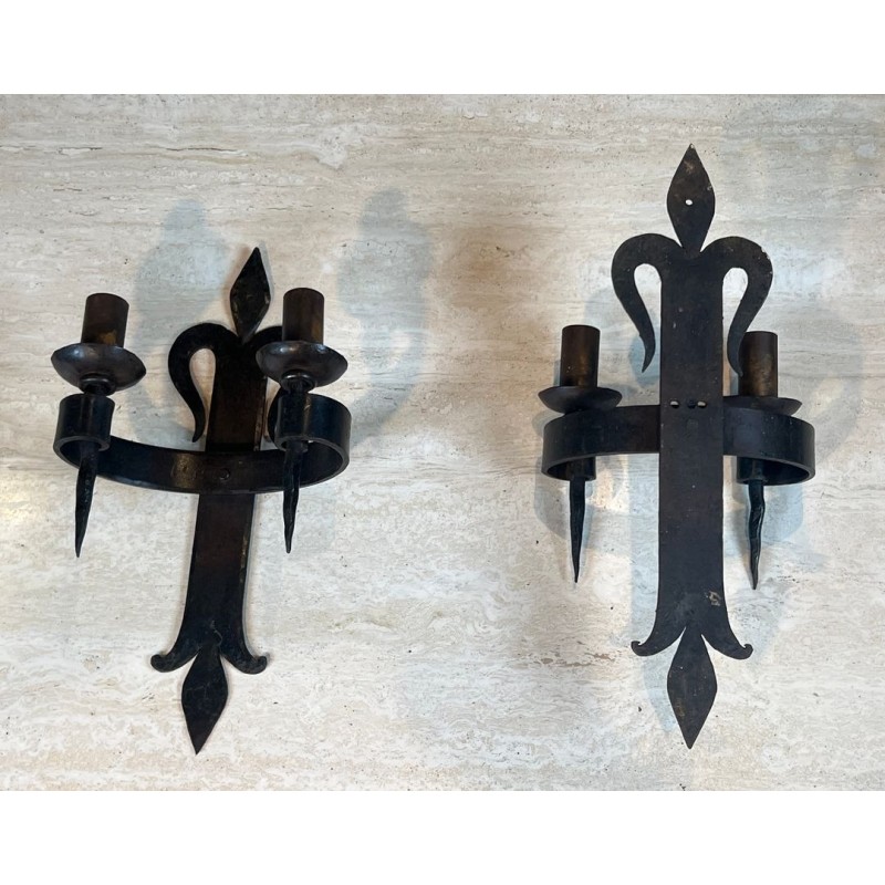 Large Pair of "Fleurs de Lys" Wrought Iron Wall Lights with 2 Arms in the Gothic Style