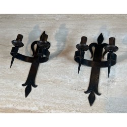 Large Pair of "Fleurs de Lys" Wrought Iron Wall Lights with 2 Arms in the Gothic Style