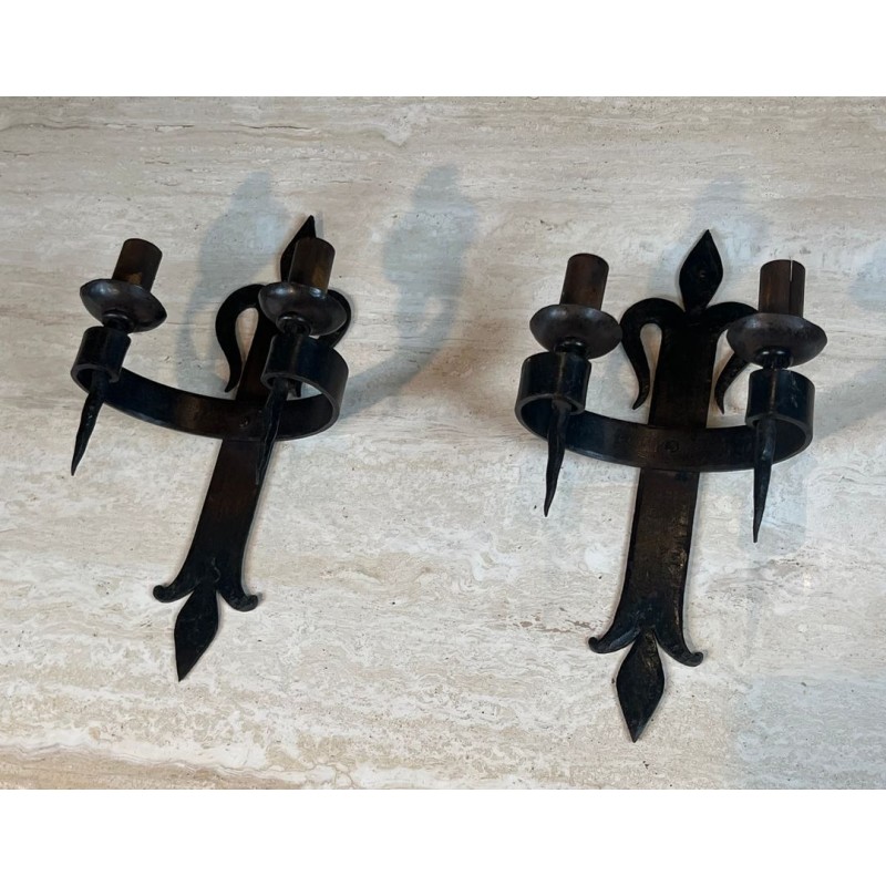Large Pair of "Fleurs de Lys" Wrought Iron Wall Lights with 2 Arms in the Gothic Style