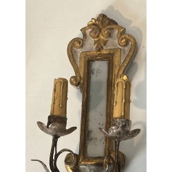 Pair of Art Déco Carved Wood Wall Lights with Mirror | Italian Work, circa 1935