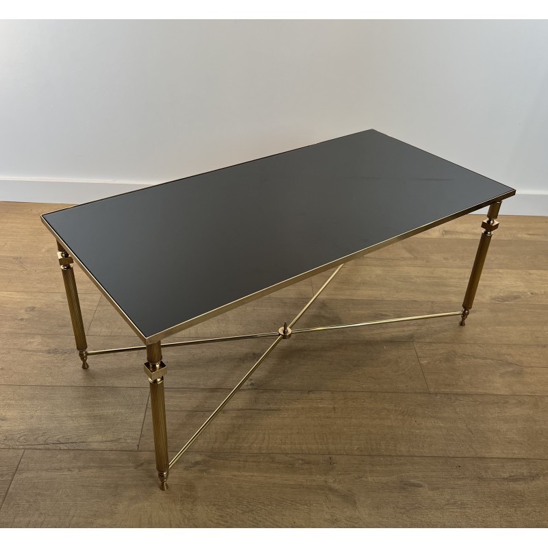 Table Basse Rectangulaire en Laiton et Plateau de Verre Laqué Noir, dans le Goût de la Maison Jansen, Vers 1940